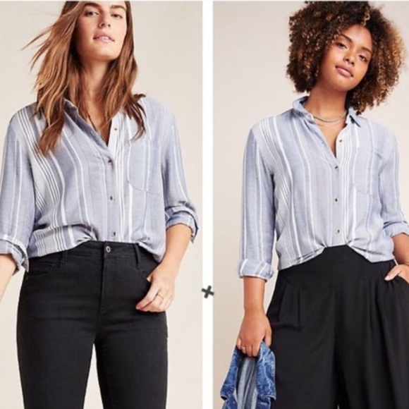 Anthropologie Maeve Shirt Sz Large Blue Chatham Striped Button Down Blouse - Picture 12 of 12